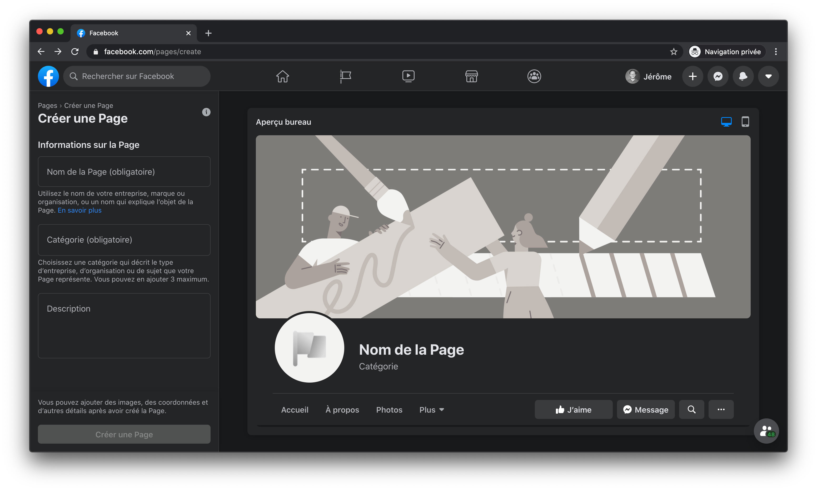 Aperçu de la page de création de page Facebook